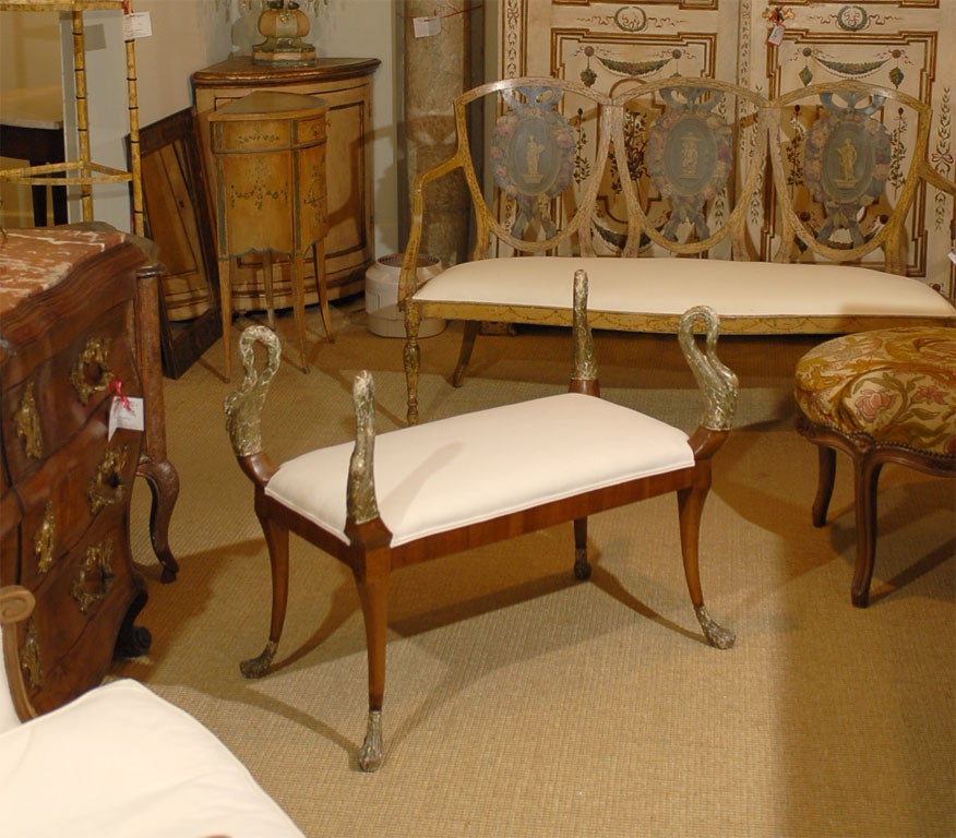 Sabre-leg Bench Seat in Cherry Veneer with Carved and Gilded Swan Motif, Exellent Example of the Empire Period.