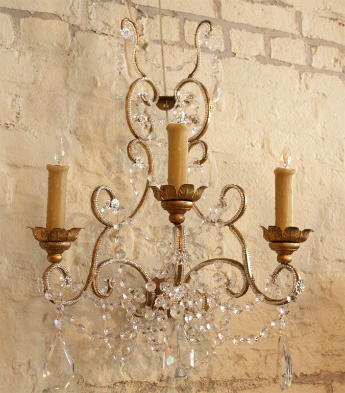 PAIR 19TH C ITALIAN CRYSTAL 3 LIGHT SCONCES