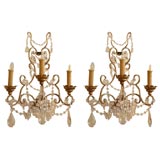 Antique PAIR 19TH C ITALIAN CRYSTAL 3 LIGHT SCONCES