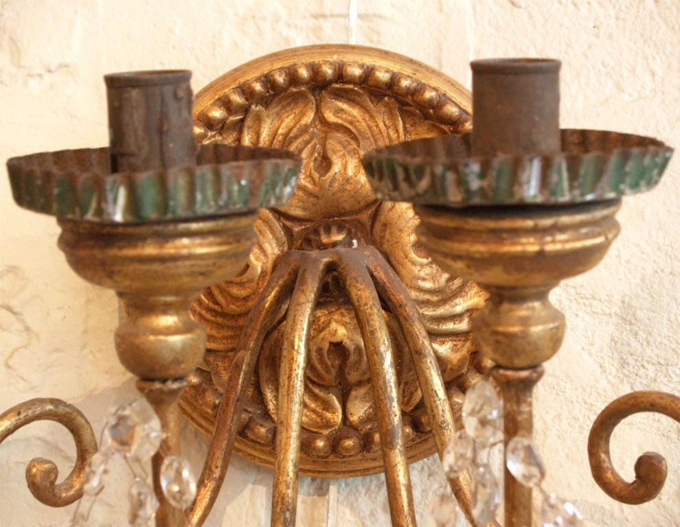Carved Pair of 19th c Italian Bois Dore Sconces