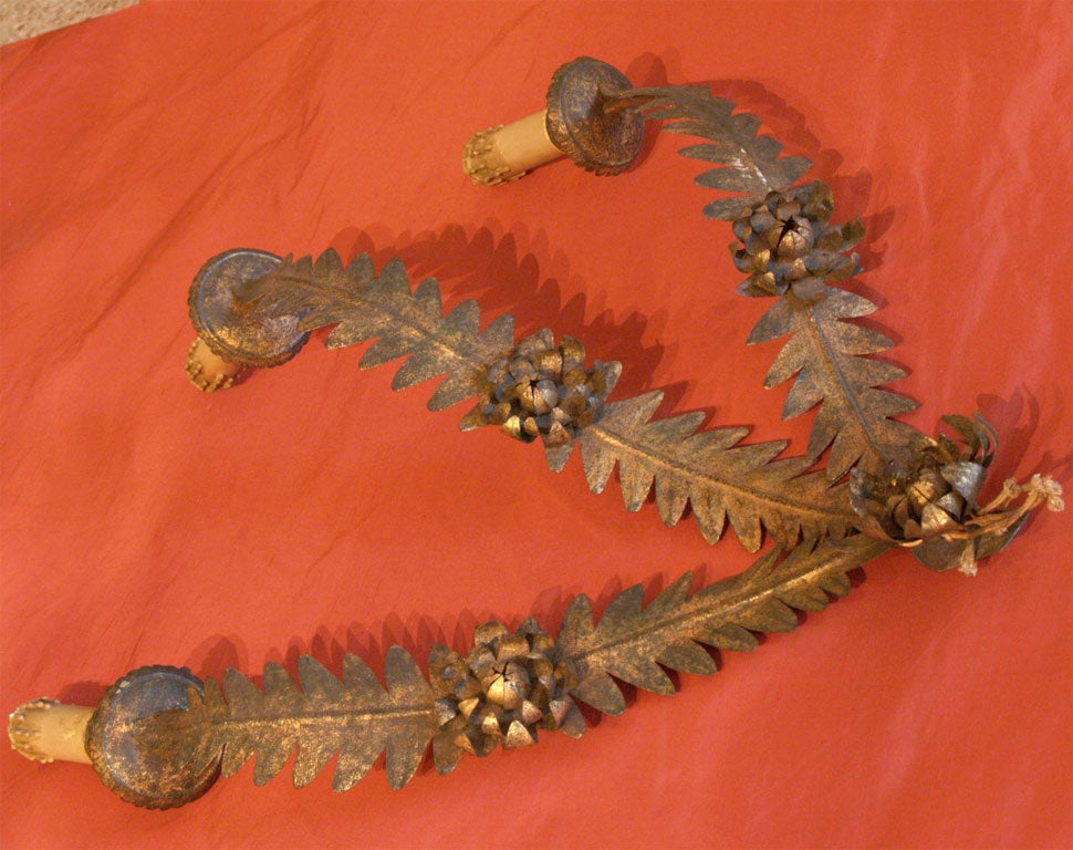 Tin Pair 1950's Tole Sconces With Blossom Motif