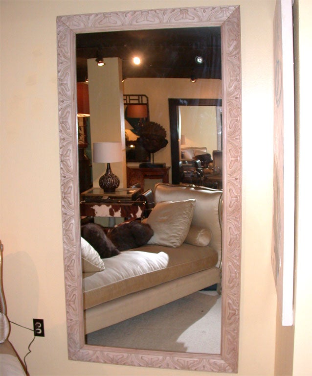 Hand-Carved Bleached Cedaro Wood Framed Mirror In Excellent Condition For Sale In Wainscott, NY