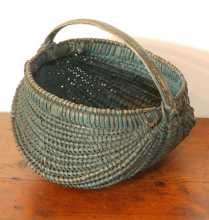 ORIGINAL PAINTED 19THC HINEY BASKET-GREAT FORM AND WONDERFUL SURFACE/FOUND IN PENNA/GREATATINA ON THE HANDLE. GREAT BLUE PAINT.
