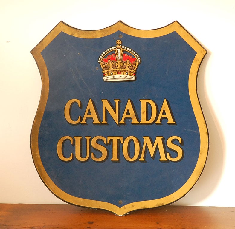 A BEAUTIFUL VINTAGE  SIGN FROM THE CANADIAN CUSTOMS THIS IS WHTA YOU  WOULD SEE AS YOU DRIVE UP TO THE BORDER OF CANADA THE BEAUTIFUL QUEENS CROWN CREST IS IN THE TOP CENTER BLUE,GOLD AND WHITE A PIECE OF HISTORY