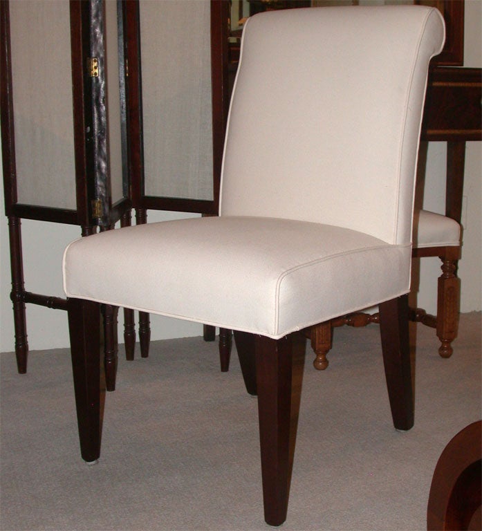 Upholstered dining chair, very comfortable and handsome, this item available in singles or sets, Note the depth of the seat a most comfortable chair for dining or a desk chair.