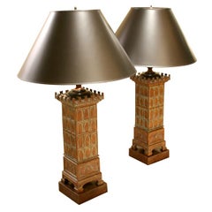 Pair of Bronze Patinated Tower Lamps