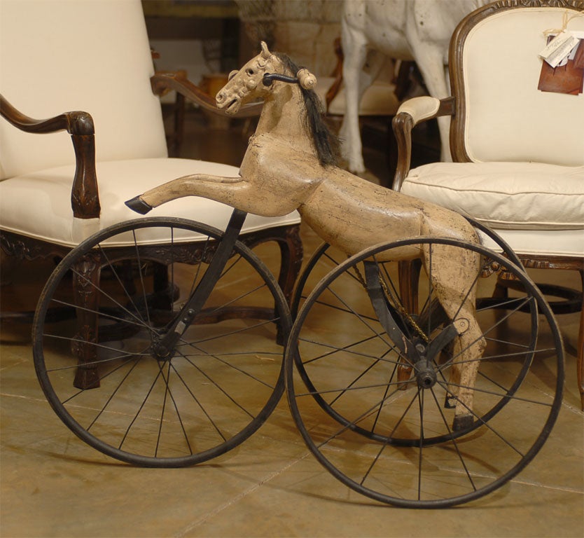 19th Century French Iron & Wood Toy Horse on Wheels 2