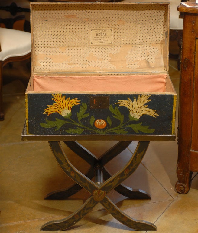 Hand-Painted 18th Century French Painted Antique Marriage Box with Stand from Normandy