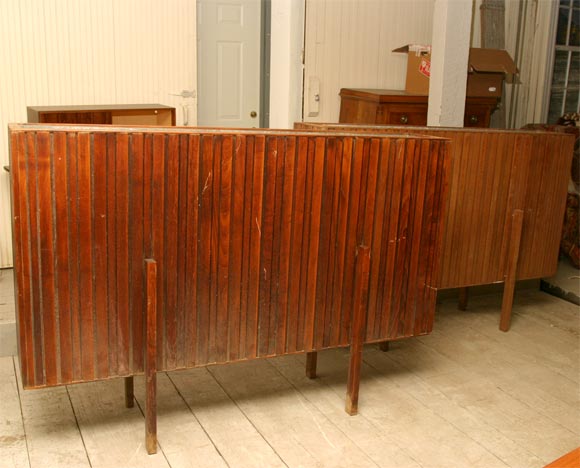 Pair of large teak panelled planters, made for the American Pavillion in the World's Fair, New York, 1964.   Interiors lined with tin.