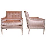 Pair of Louis XVI Bergeres with Pink Satin Upholstery