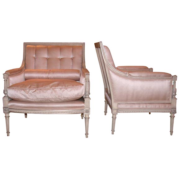 Pair of Louis XVI Bergeres with Pink Satin Upholstery