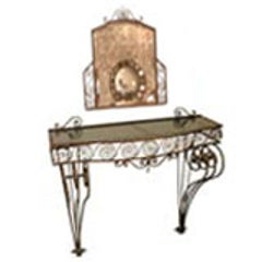 1930s Wrought Iron Console with Glass Top and Mirror 7
