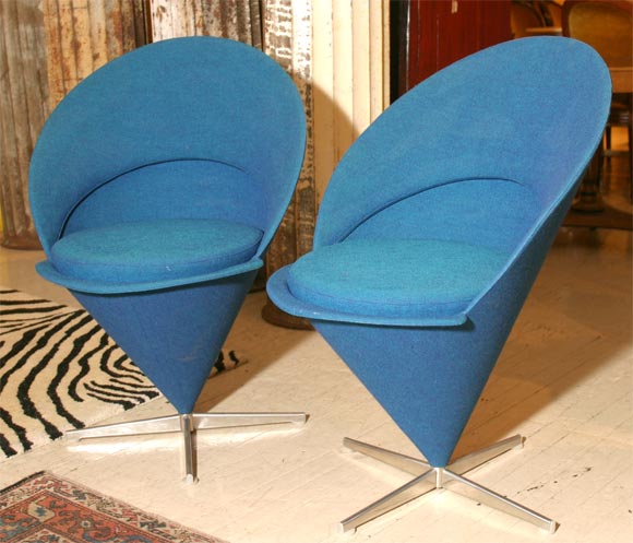 Pair Verner Panton swivel ice cream cone chairs in original  blue worsted, c 1962