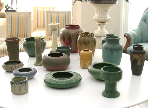 A collection of American Art Pottery, 18 pieces in various sizes and forms by various makers including Weller, Weller Woodcraft, Rookwood, Marblehead, Peters and Reed, and others. For sale as a collection at price below, or contact dealer about