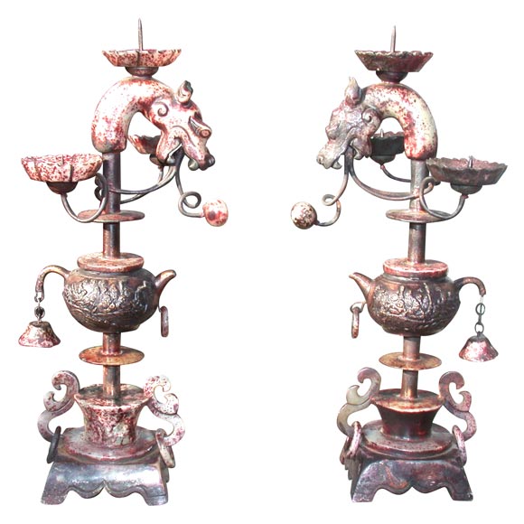 Bronze and Jade Ceremonial Altar Candlesticks