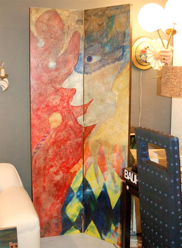 1970's Two Panel Screen With a Jester.