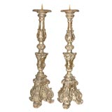 Pair of 18th C. Italian Carved and Silver Giltwood Candlesticks