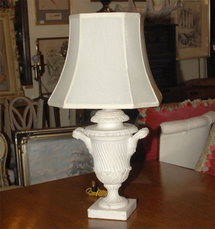 Beautifully carved and finely detailed alabaster urn shaped lamp. Newly re-wired.