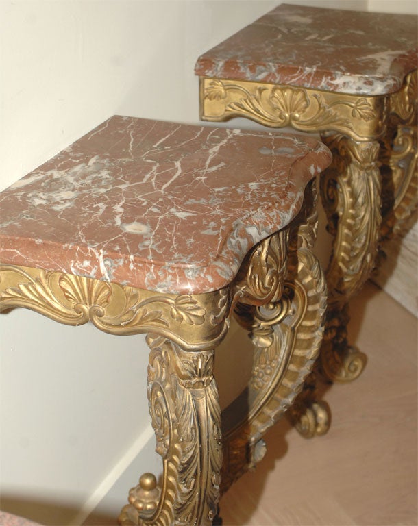 Pair of Italian Giltwood and Marble consoles, 19th Century 4