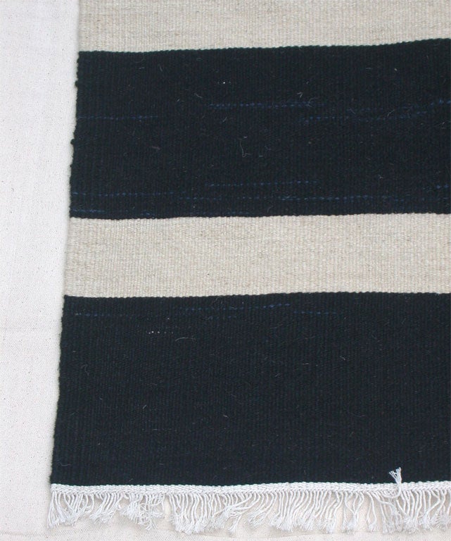 Black flatweave wool carpet with Ivory stripes In Excellent Condition In Sag Harbor, NY