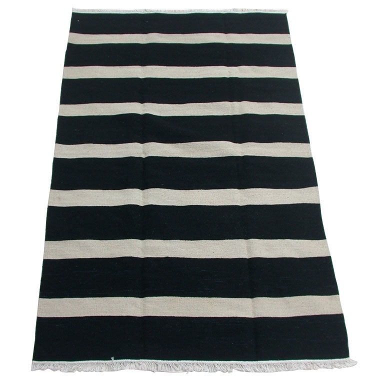 Black flatweave wool carpet with Ivory stripes