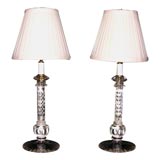 Pair of Irish cut crystal candlesticks, wired as lamps