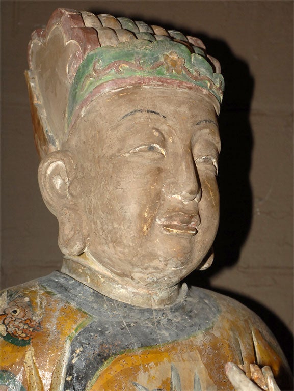 A Qing Dynasty Painted and Carved Wood Deity Figure For Sale 1
