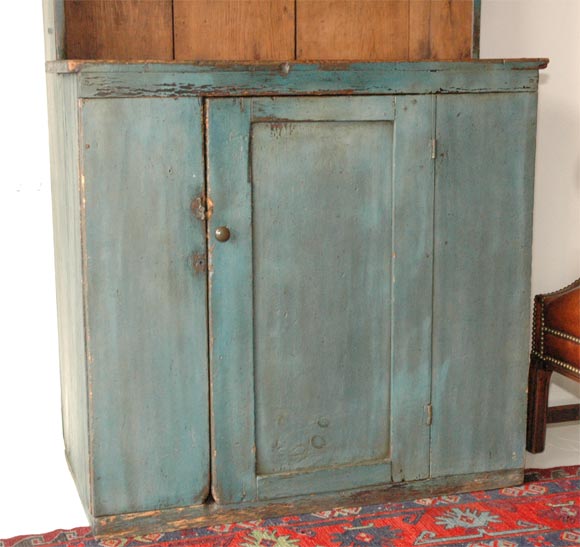 American RARE 19THC ORIGINAL BLUE PAINTED STEP BACK CUPBOARD FROM  PENNA.