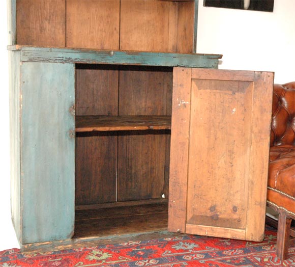 RARE 19THC ORIGINAL BLUE PAINTED STEP BACK CUPBOARD FROM  PENNA. 3