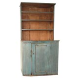 RARE 19THC ORIGINAL BLUE PAINTED STEP BACK CUPBOARD FROM PENNA.