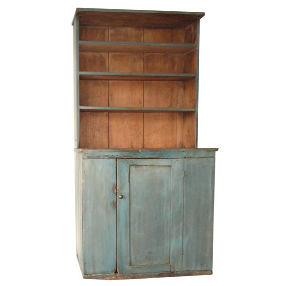RARE 19THC ORIGINAL BLUE PAINTED STEP BACK CUPBOARD FROM  PENNA.