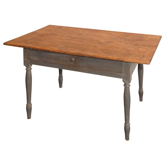 19THC ORIGINAL GREY PAINTED WORK TABLE FROM NEW ENGLAND