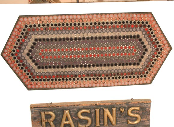 THIS MOUNTED PENNY RUG IS FANTASTIC COLOR COMBINATION AND IN PRISTINE CONDITION.THE HAND APPLIQUED WOOL PIECES ARE QUARTER AND HALF DOLLAR SIZE.THIS RUG IS IN PRISTINE CONDITION AND IS ALL HAND STITCHED.IT IS VERY RARE TO FIND THESE RUGS IN PRISTINE