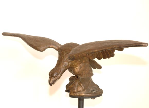 WONDERFUL ORIGINAL OLD SURFACE RARE, 19THC CAST IRON EAGLE ON IRON MOUNT FROM PHILA.,PENNSYLVANIA .THIS EAGLE WAS ON THE TOP OF A FEDERAL BUILDING THAT WAS RESTORED AND REMODELED IN THE 1940'S AND HAS BEEN IN A PRIVATE COLLECTION EVER SINCE THEN. WE