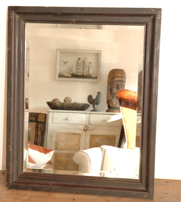 19THC ORIGINAL OLD SURFACE FRAME WITH BEVELED EDGE MIRROR