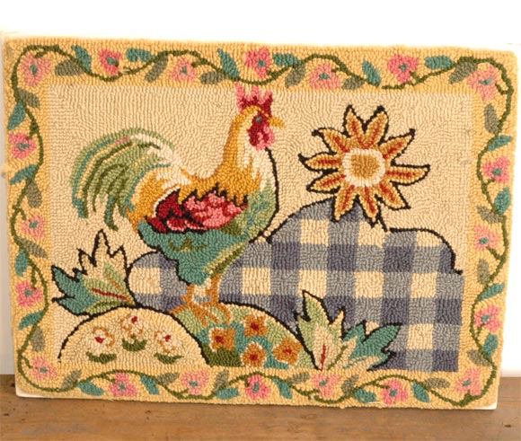 MOUNTED HAND HOOKED PICTORIAL ROOSTER RUG-1950'S