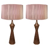 Pair of Walnut and Brass Lamps by Laurel