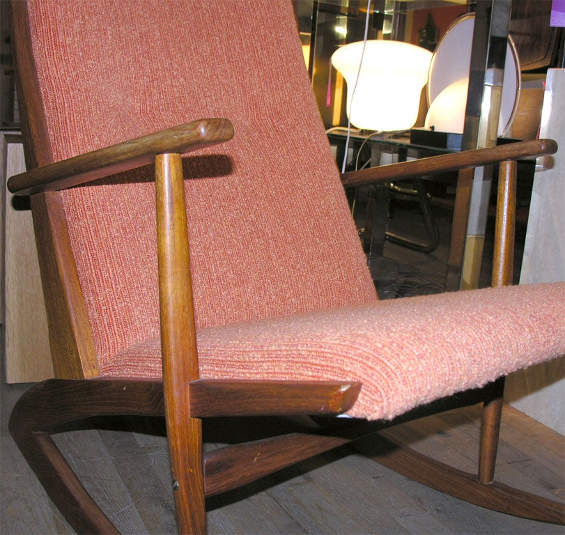George Jensen Danish Teak Rocker 1958 Produced by Tonder Mobelvaerk.  Small scale and comfortable in newl upholstery. Additional one available needing upholstery.<br />
 Located at Las Venus on Ludlow Street 212-982-0608