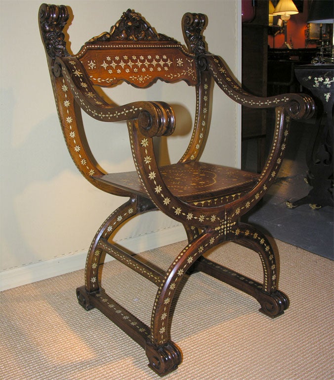 Pair of Italian Savonarola Chairs with Bone Inlay