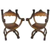 Pair of Italian Savonarola Chairs with Bone Inlay