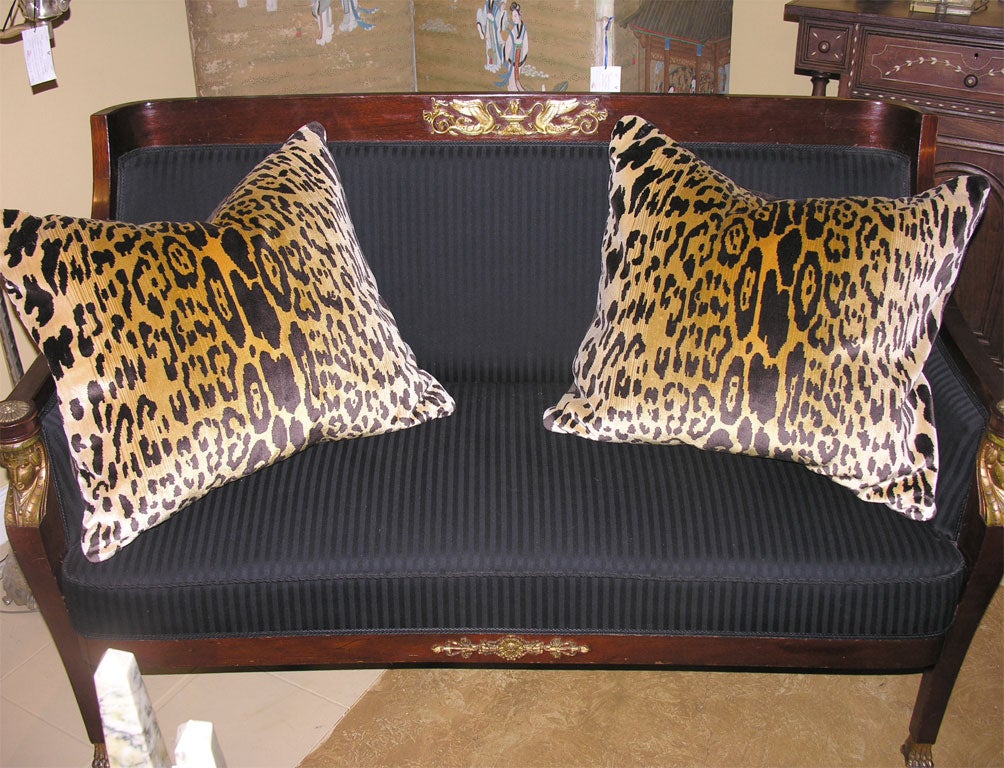 A pair of new Scalamandre leopard hand loomed silk velvet 26-inch square pillows stuffed with down and feather removable insert.