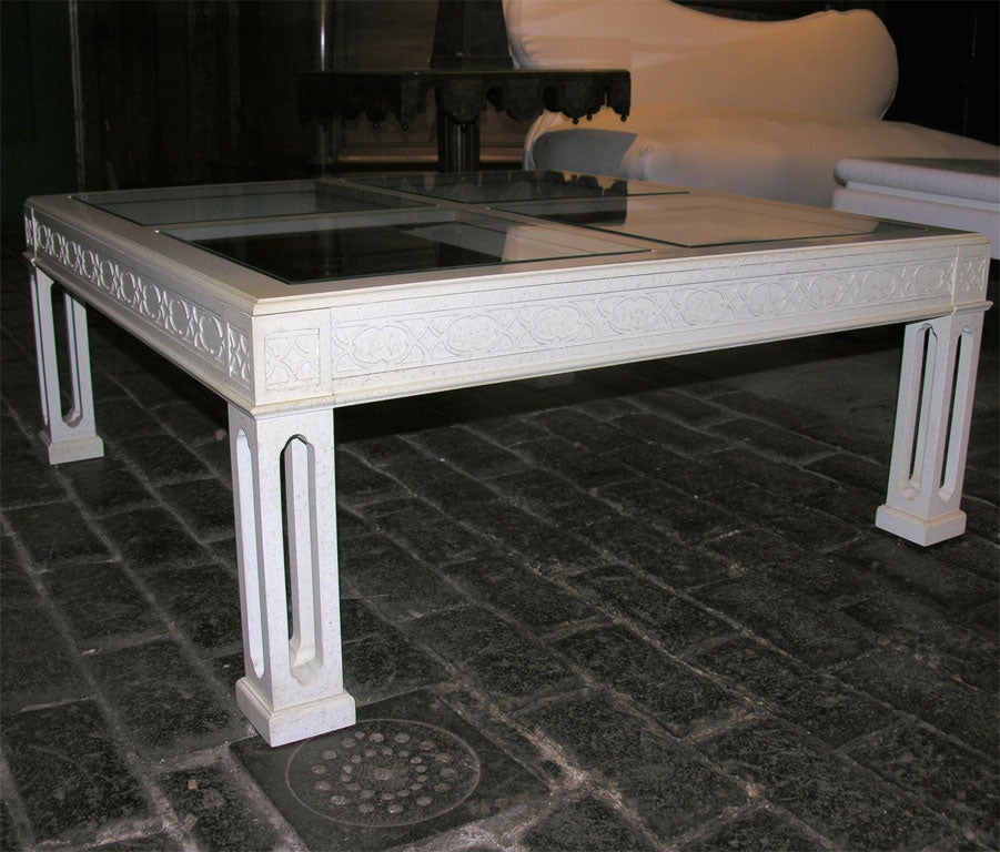 Mottled white lacquer square Chinoiserie coffee table by John Widdicomb Co.