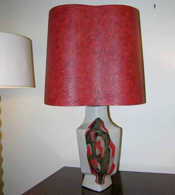 Ceramic lamp, hand-decorated by Marianna von Allesch. Retains original painted shade. Signed on reverse.
