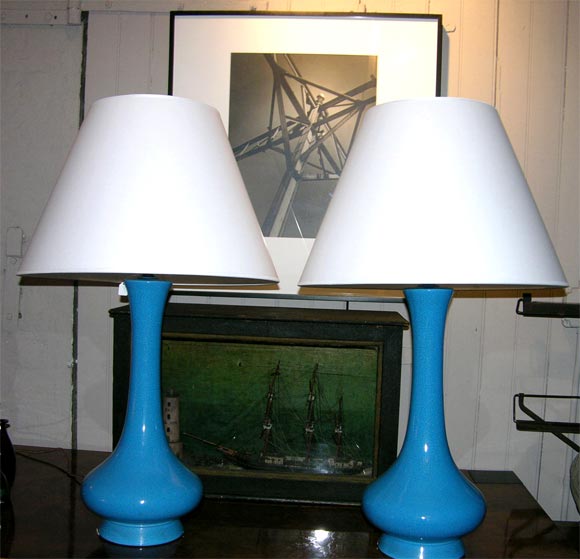 Pair of Turquoise Crackle Glazed Ceramic Lamps