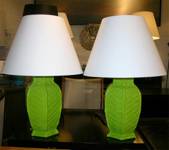Pair of Kelly Green Ceramic Bamboo Lamps with darken brass hardware