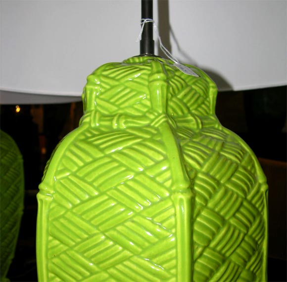 American Pair of Kelly Green Ceramic Bamboo Lamps