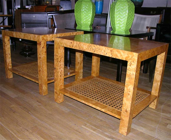 American Pair of Burlwood end tables with cane bottom shelf