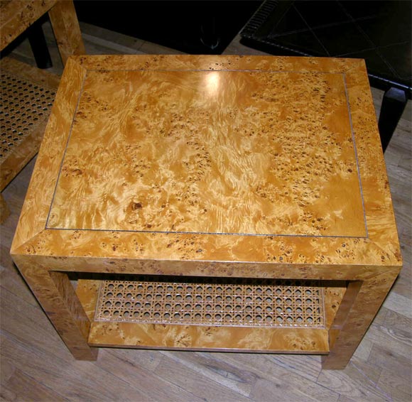Mid-20th Century Pair of Burlwood end tables with cane bottom shelf
