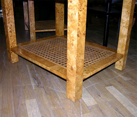 Pair of Burlwood end tables with cane bottom shelf 1