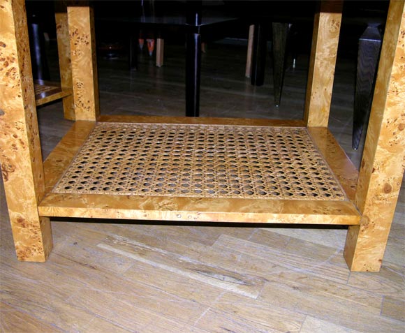Pair of Burlwood end tables with cane bottom shelf 2